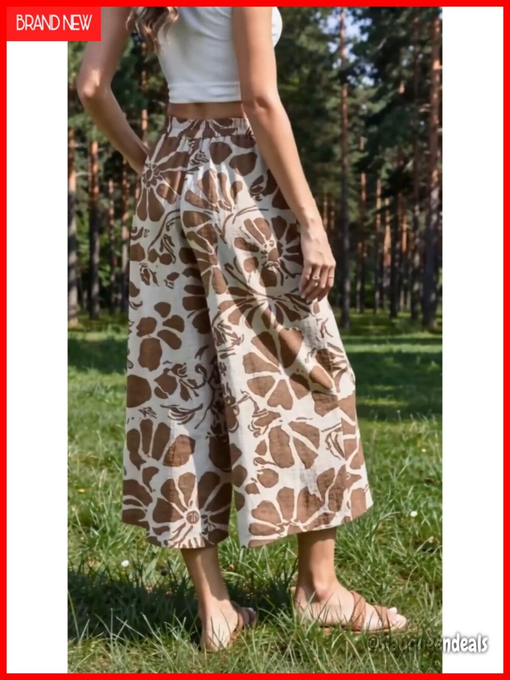 Wide Leg Linen Capri Pants Elastic Waist Palazzo Trousers with Pockets - Picture 7 of 7